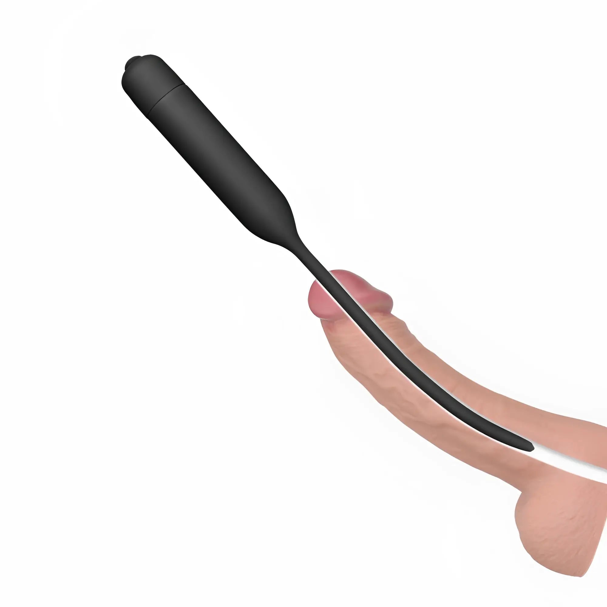 Black silicone vibrating urethral dilator wand with flexible tapered design and rounded tip for comfortable use
