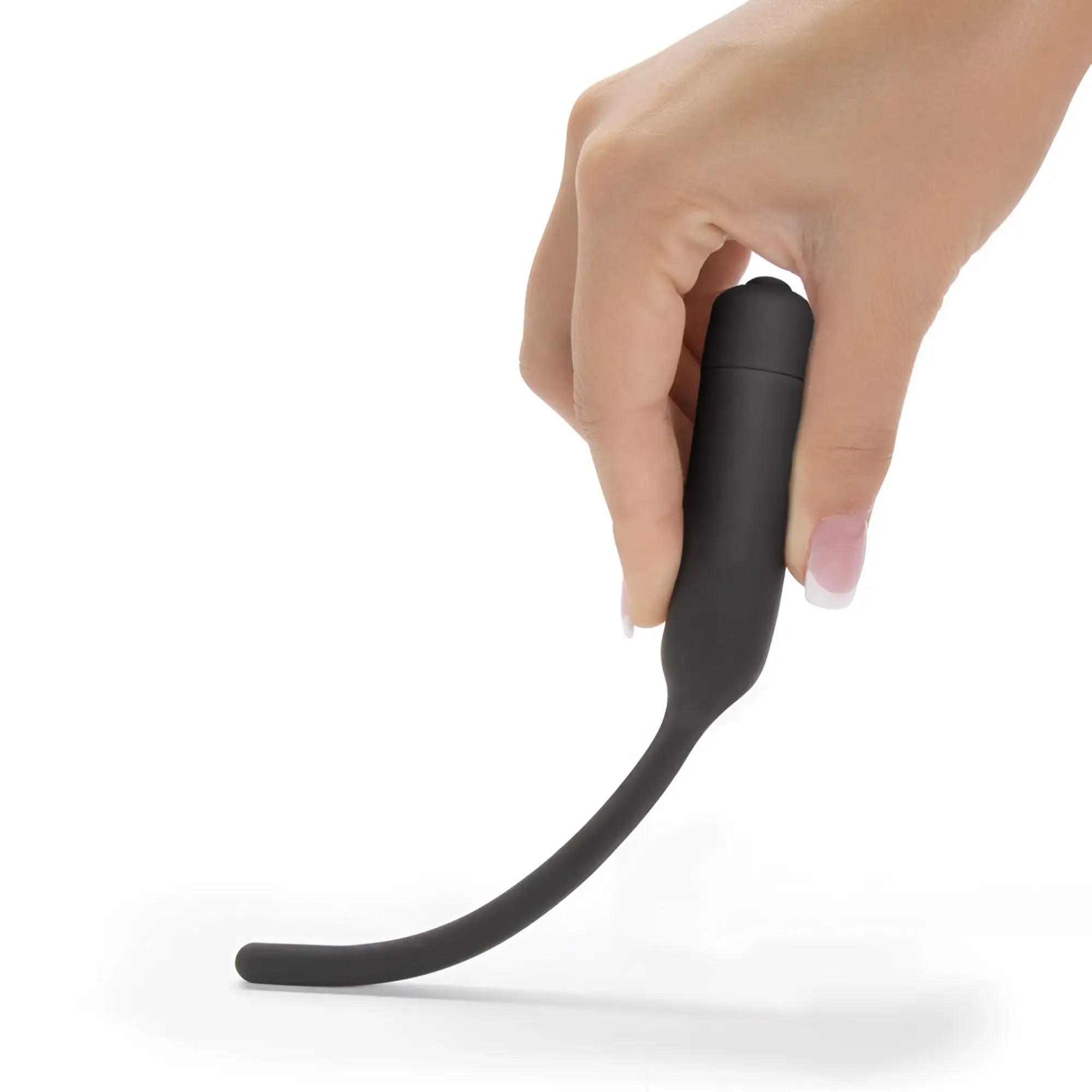 Black silicone vibrating urethral dilator wand with rounded handle and curved shaft by lovetoy shown from back side