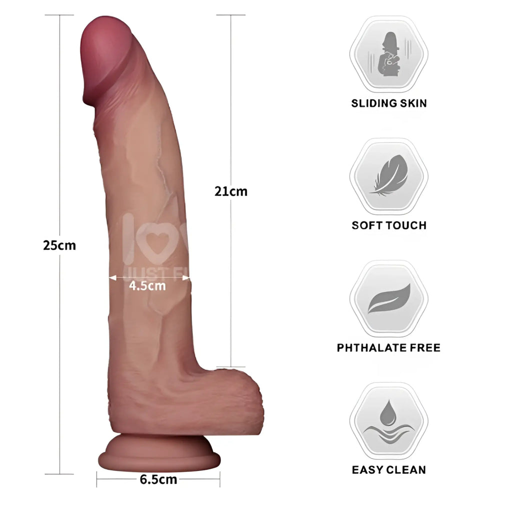 A 25cm tall realistic natural skin-tone silicone phallus with detailed contours from lovetoy sliding skin pro dual layer dong