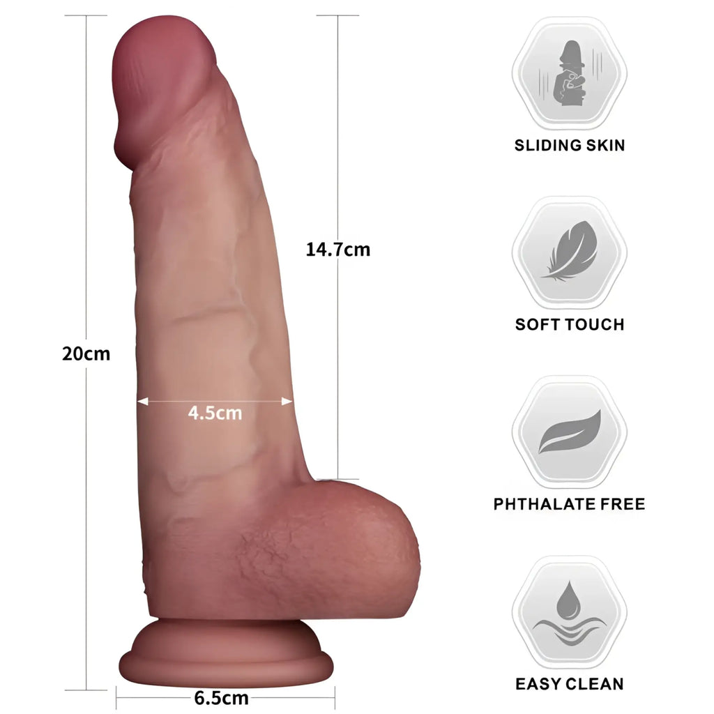 Peach-colored 20cm sliding skin pro dual layer silicone dong with realistic texture and flexible outer layer