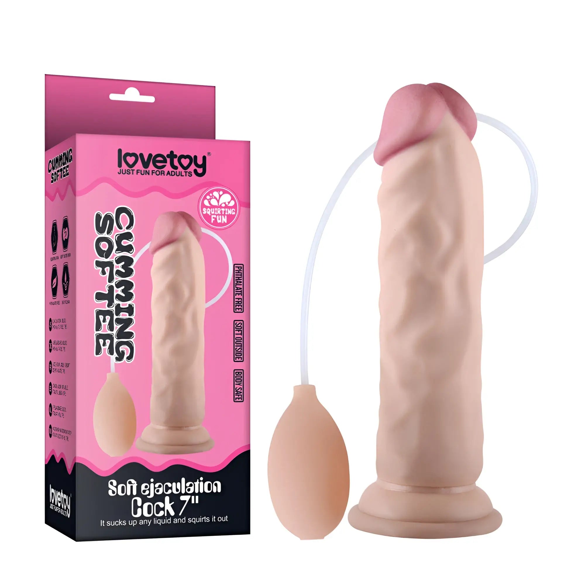 Pink and beige silicone soft ejaculation cock with attached pump model 7in by lovetoy for realistic pleasure