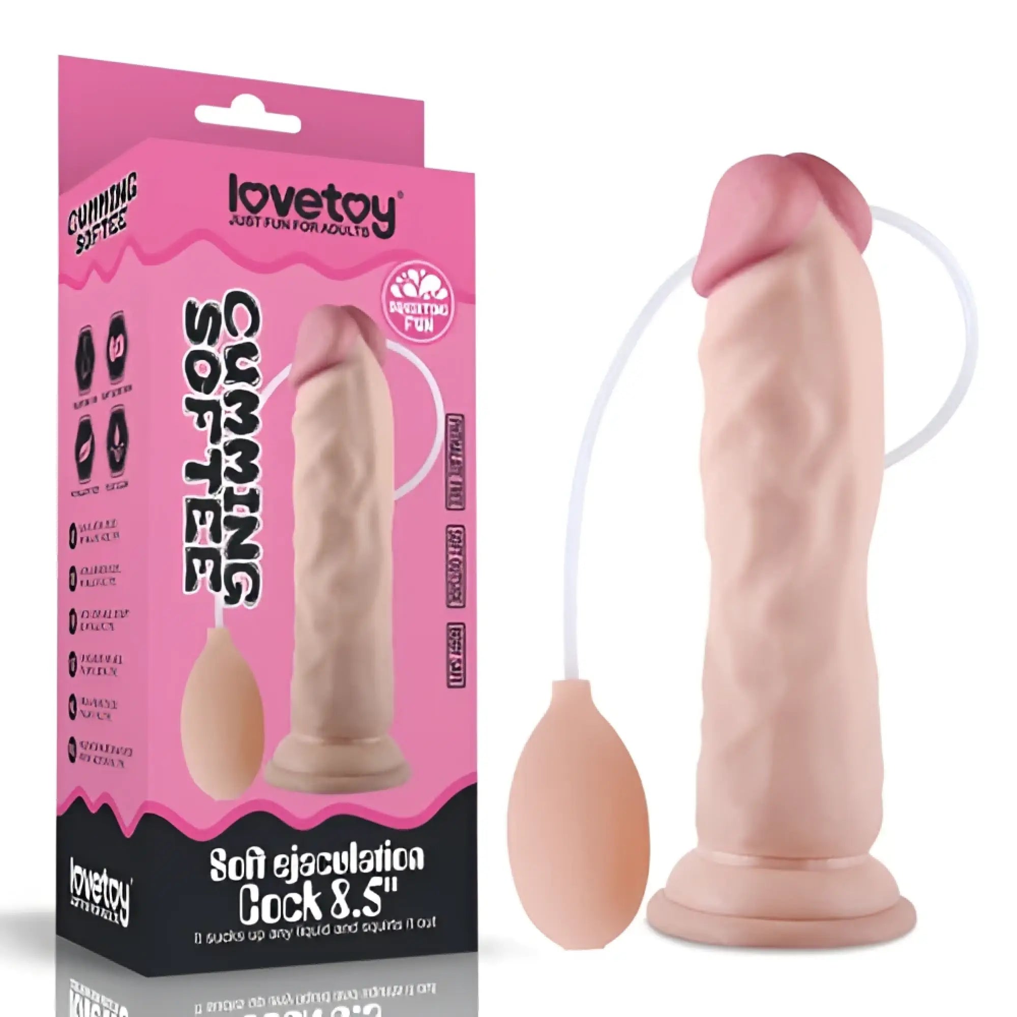 Pink silicone soft ejaculation cock with ball 8.5 inches featuring attached pump and suction tube by lovetoy