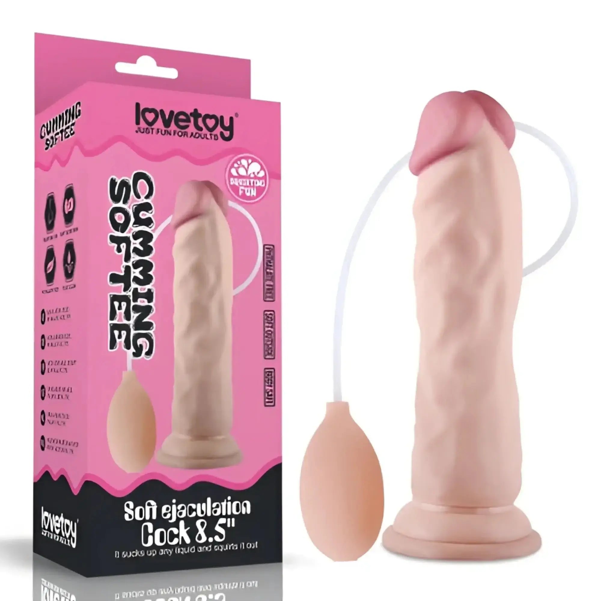 Pink silicone soft ejaculation cock with ball 8.5 inches featuring attached pump and suction tube by lovetoy