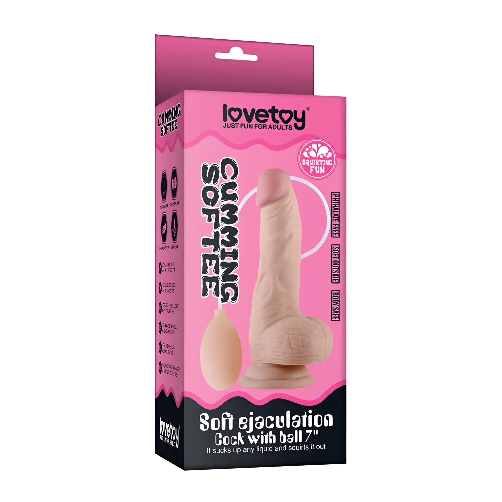 Lovetoy soft ejaculation cock with ball is a pink 7 inch silicone love toy designed for enhanced pleasure