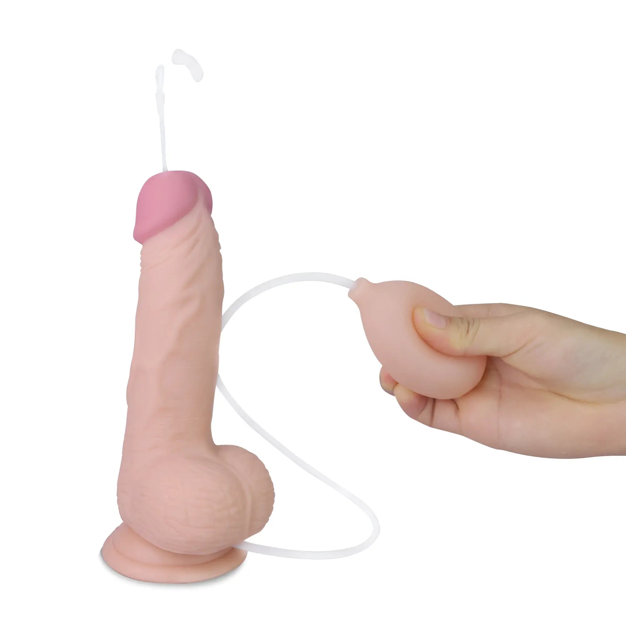 Pink silicone lovetoy soft ejaculation cock with ball 8in featuring clear tube and bulb attachment for easy use