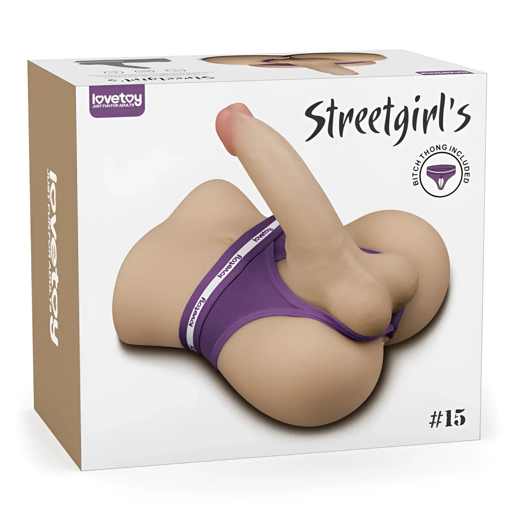 The back side of the lovetoy streetgirls 15 silicone male butt doll steven with realistic tan skin and purple underwear
