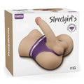The back side of the lovetoy streetgirls 15 silicone male butt doll steven with realistic tan skin and purple underwear