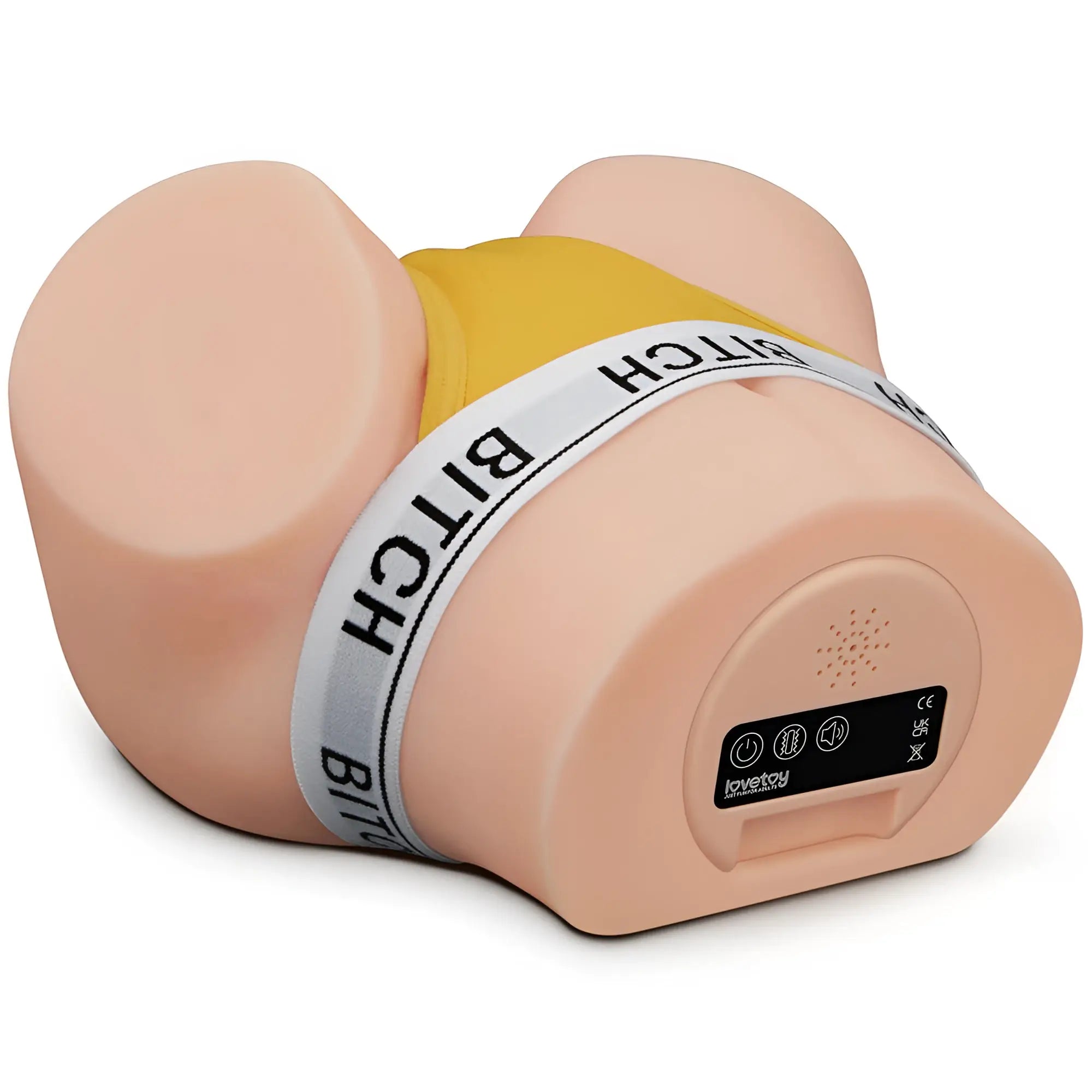 Pink silicone lovetoy streetgirls automatic pulse pussy and ass jenny with yellow waistband and white belt labeled bitch