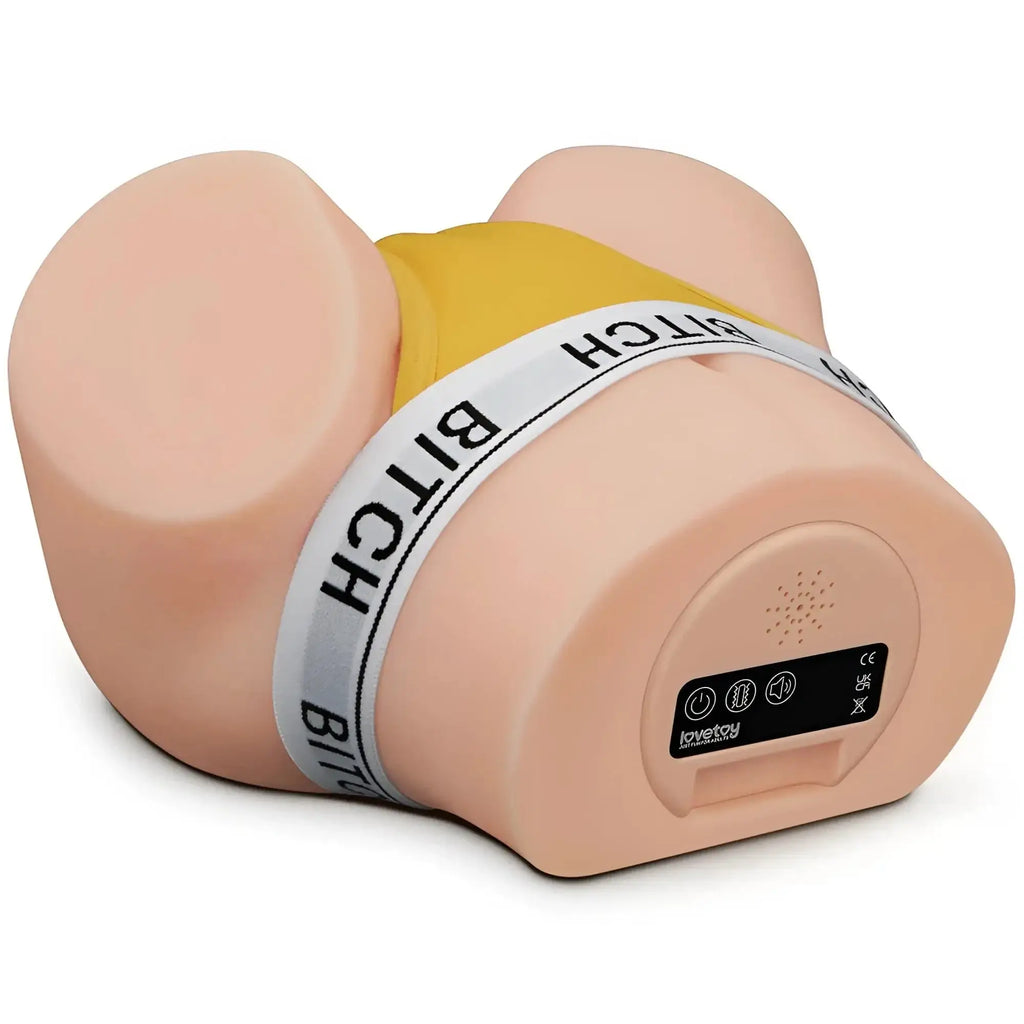Pink silicone lovetoy streetgirls automatic pulse pussy and ass jenny with yellow waistband and white belt labeled bitch