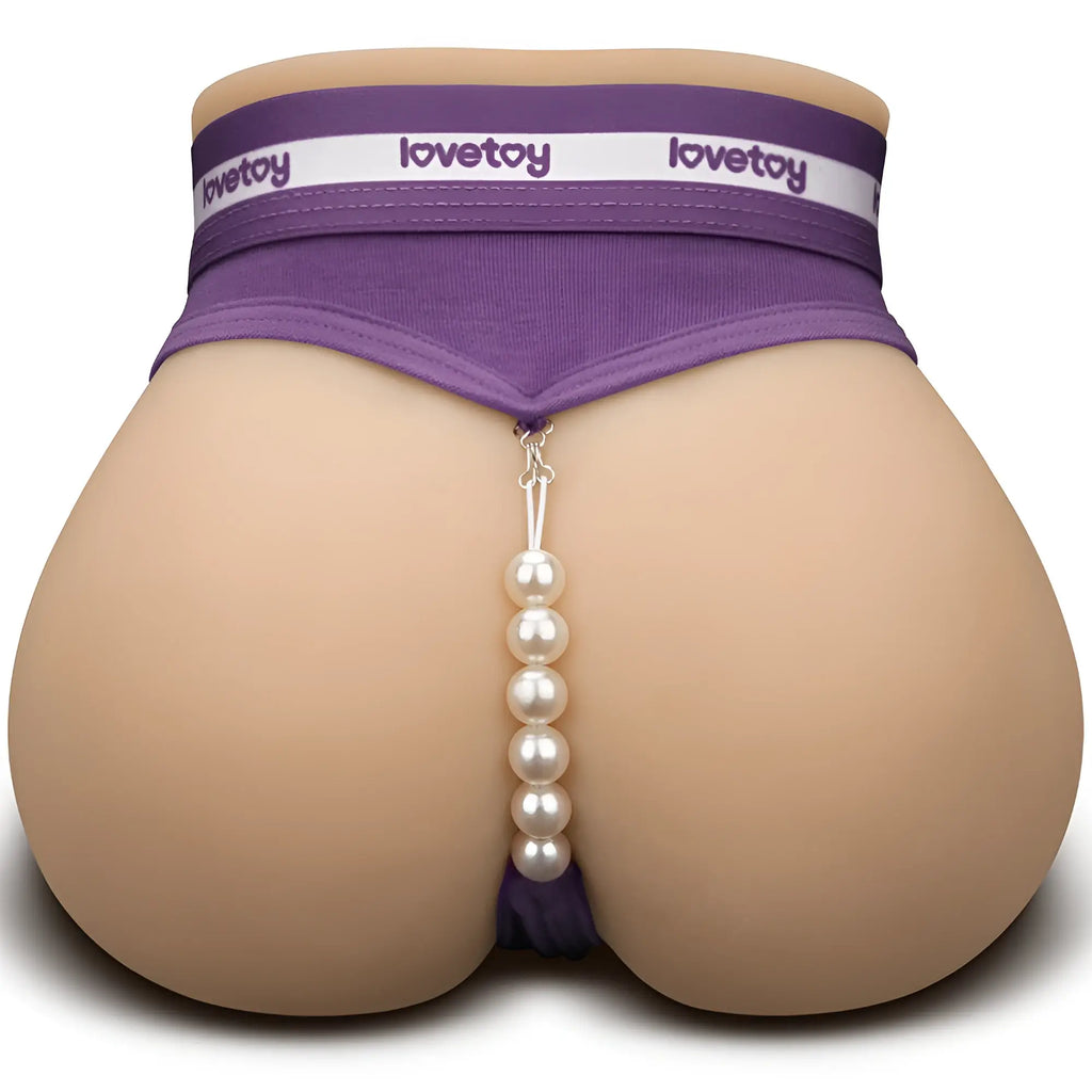 Purple lovetoy thong with silver chain and five white pearls featured in lovetoy streetgirls dual motor automatic pulse masturbator