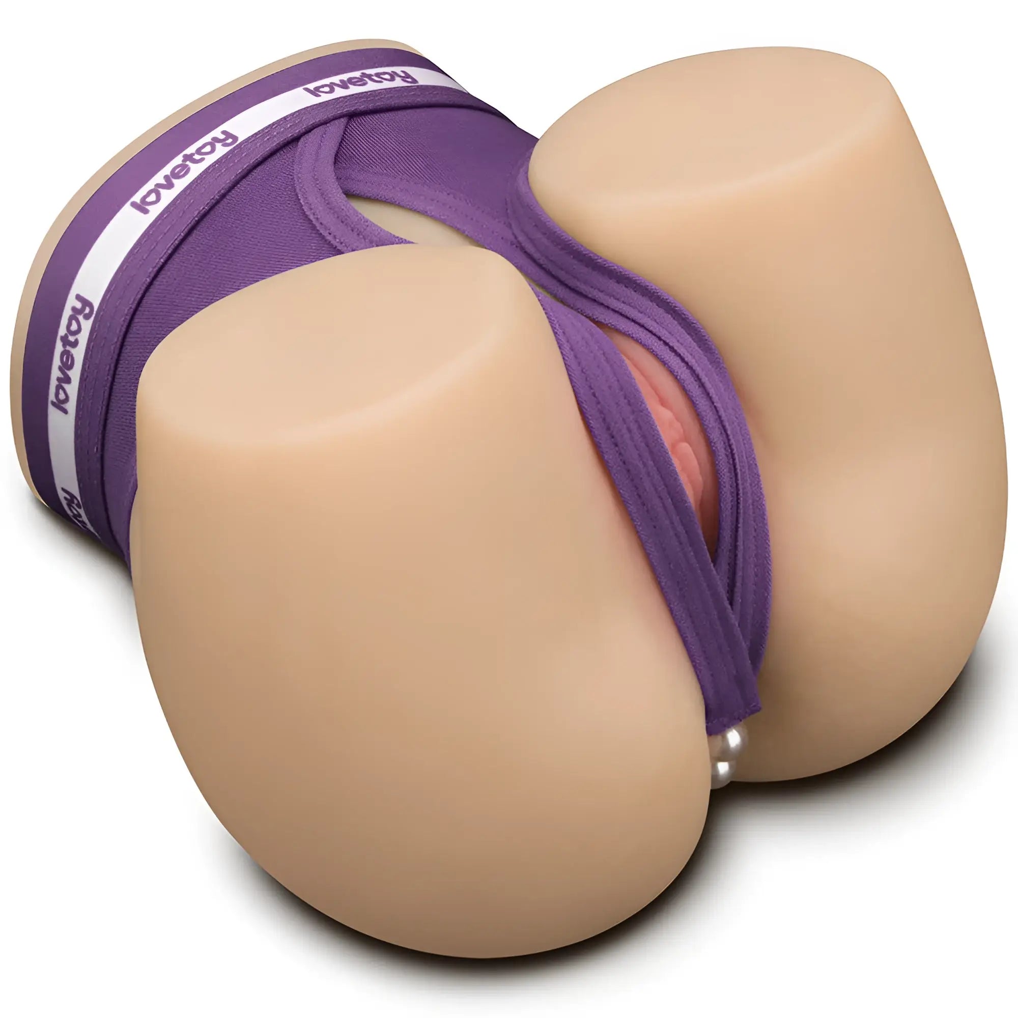 Purple Lovetoy brand silicone butt plug with realistic skin-toned contours and visible internal design, back side view