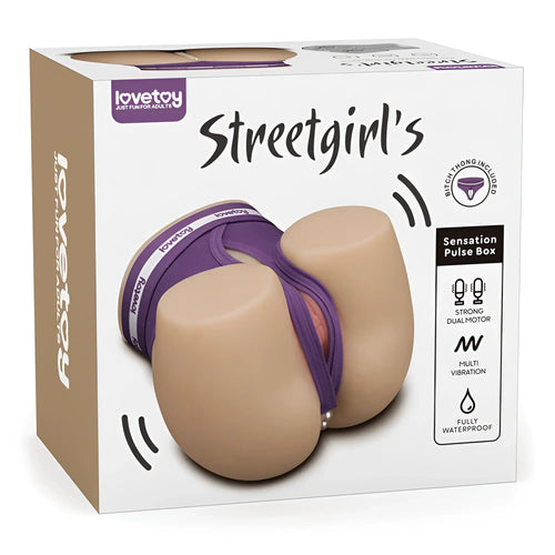 Lovetoy streetgirls dual motor automatic pulse masturbator in beige silicone with purple waistband and dual vibration motors