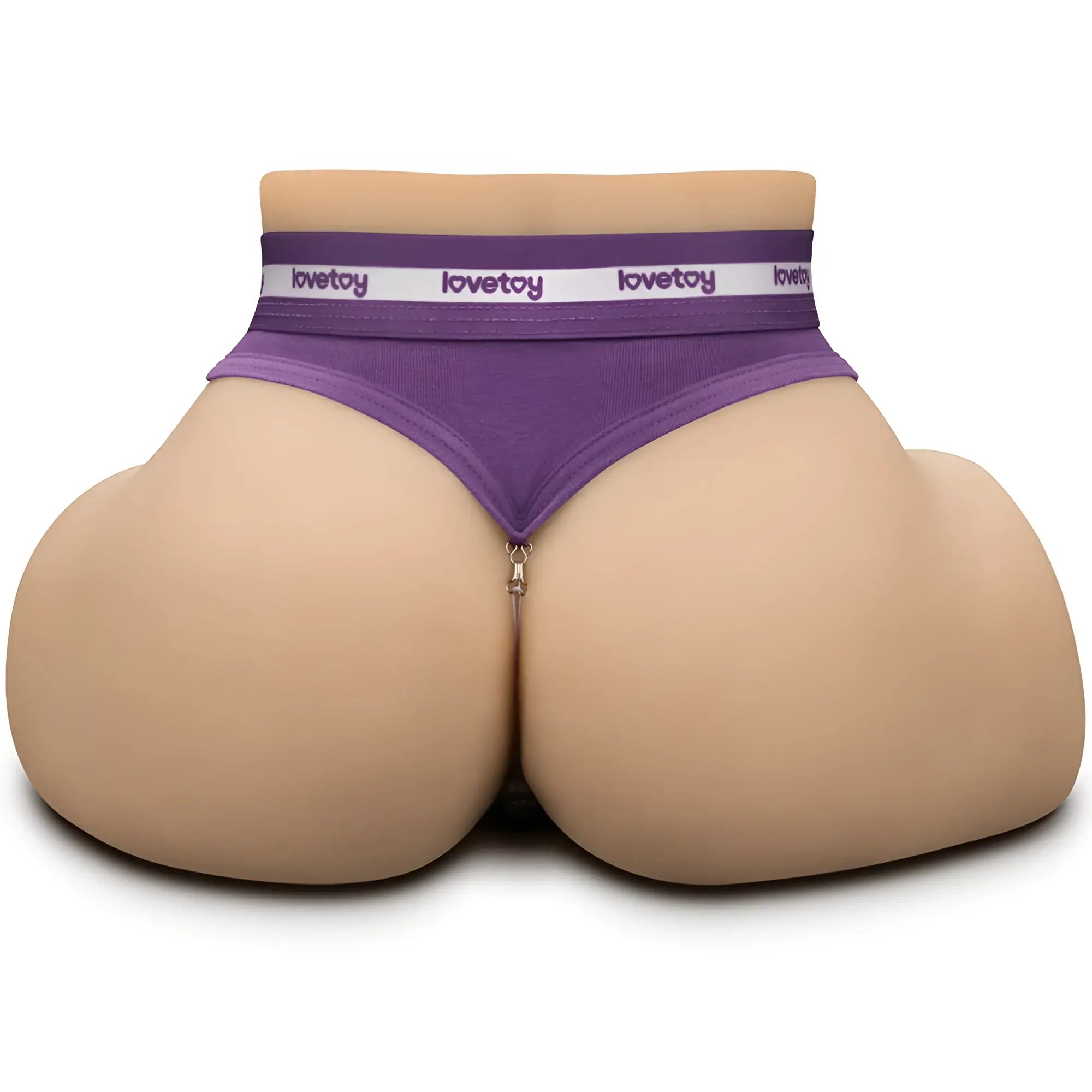 Purple lovetoy brand thong with center zipper and beige silicone material for the streetgirls dual motor automatic pulse susan