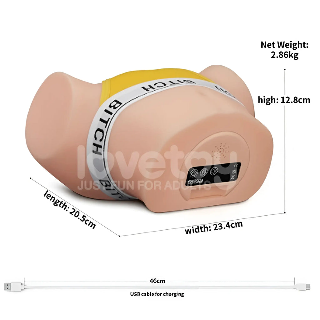 A peach-colored silicone lovetoy streetgirls sensation pulse flesh masturbator with yellow waistband and white text band