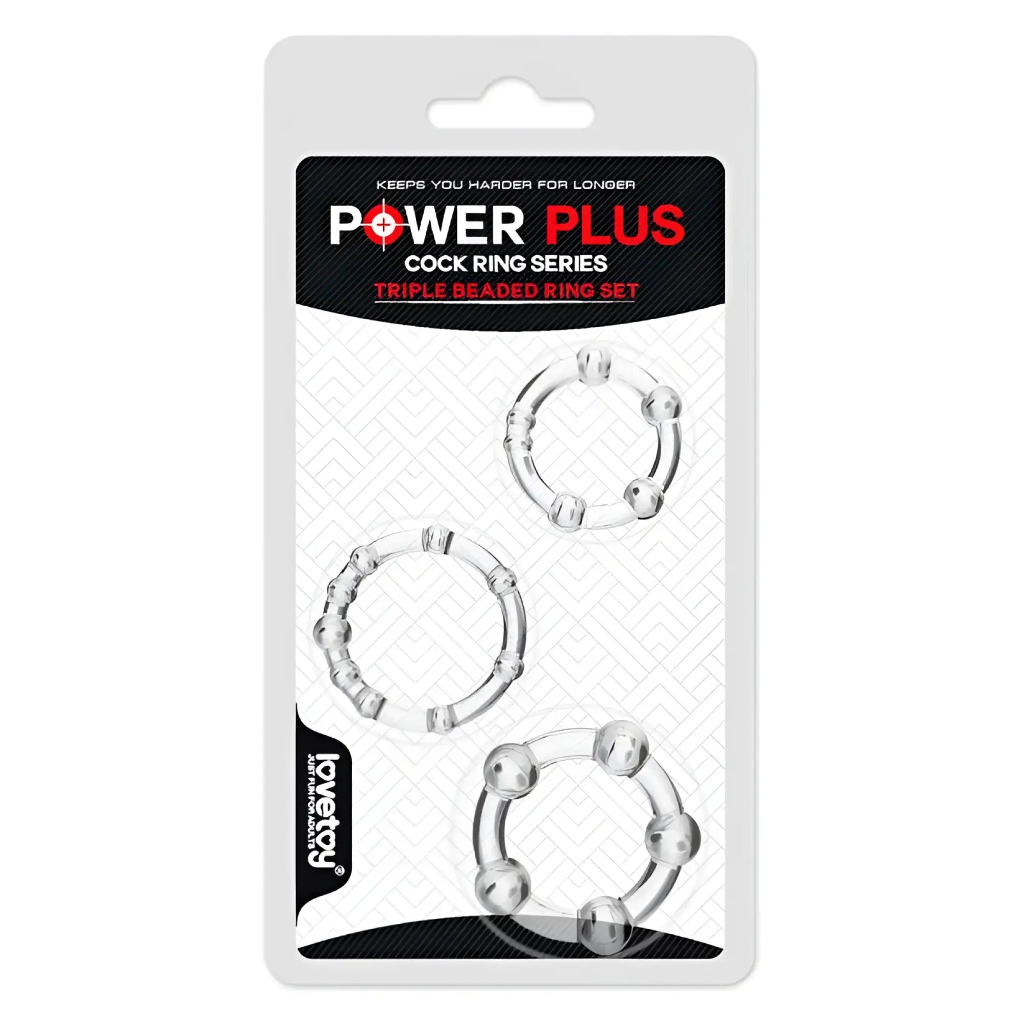 Clear plastic cock rings with spherical beads in power plus lovetoy triple beaded donut ring set packaging