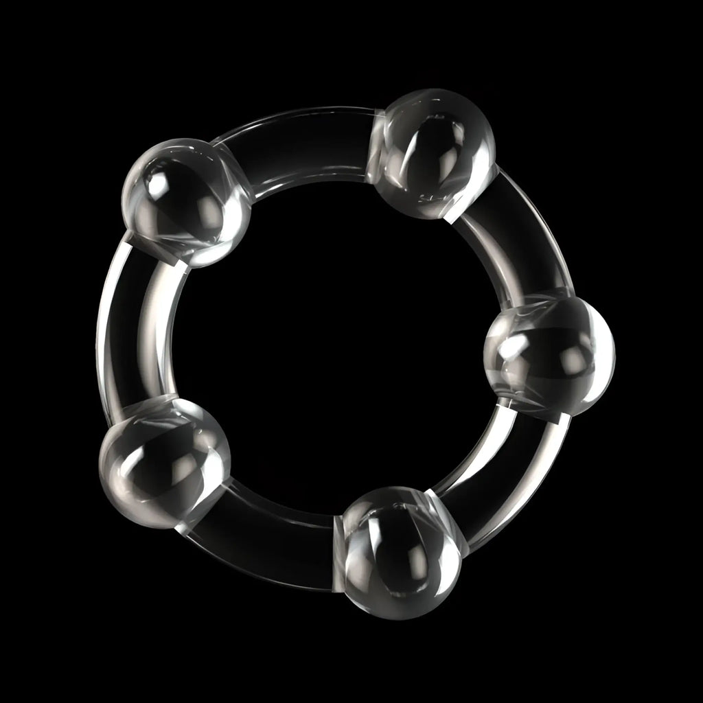 Clear plastic lovetoy triple beaded donut ring featuring five glossy spherical beads evenly spaced on the ring
