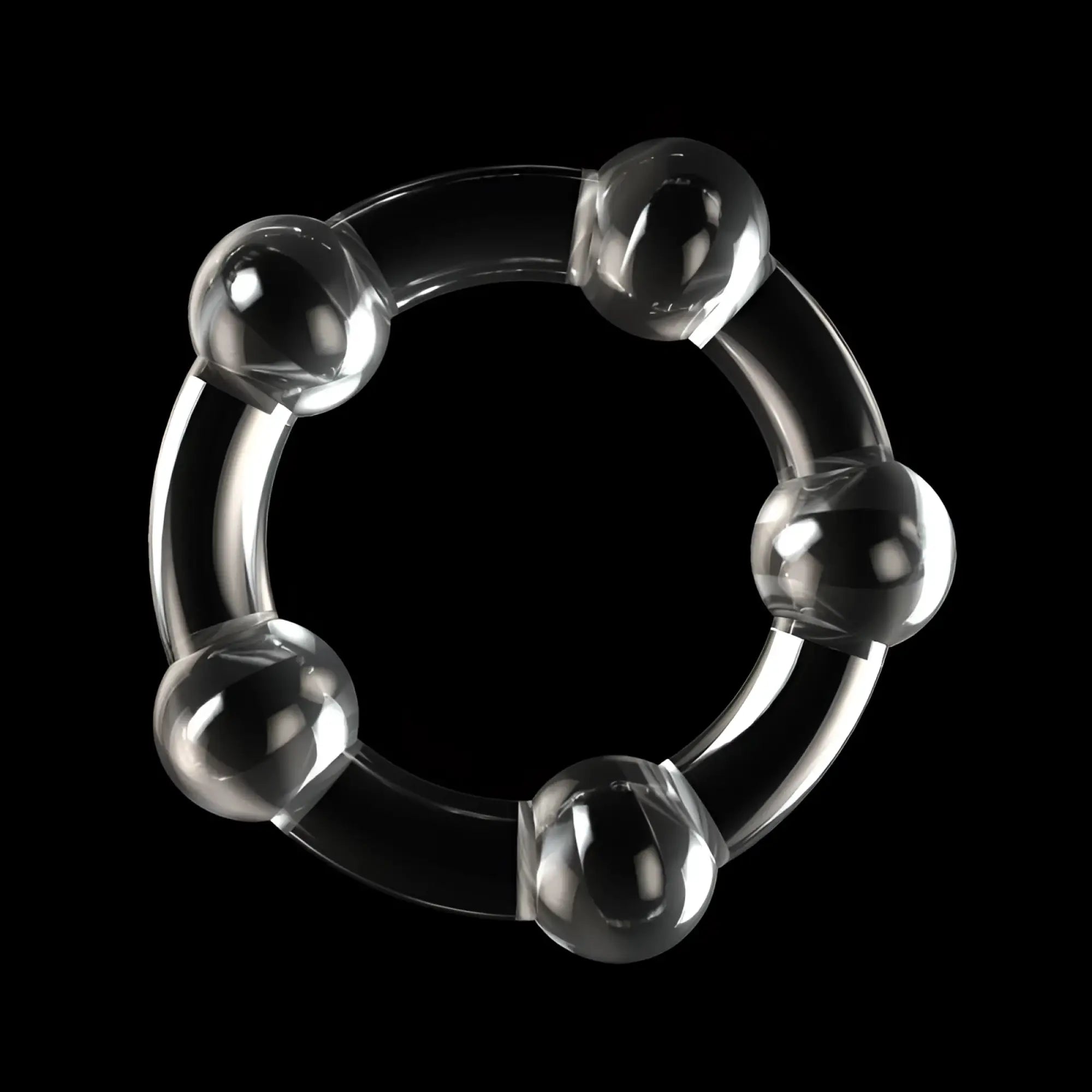 Clear plastic lovetoy triple beaded donut ring featuring five glossy spherical beads evenly spaced on the ring