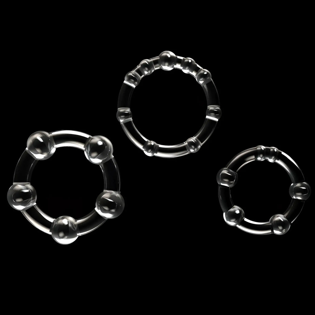 Clear transparent silicone rings with evenly spaced spherical beads from lovetoy triple beaded donut ring set