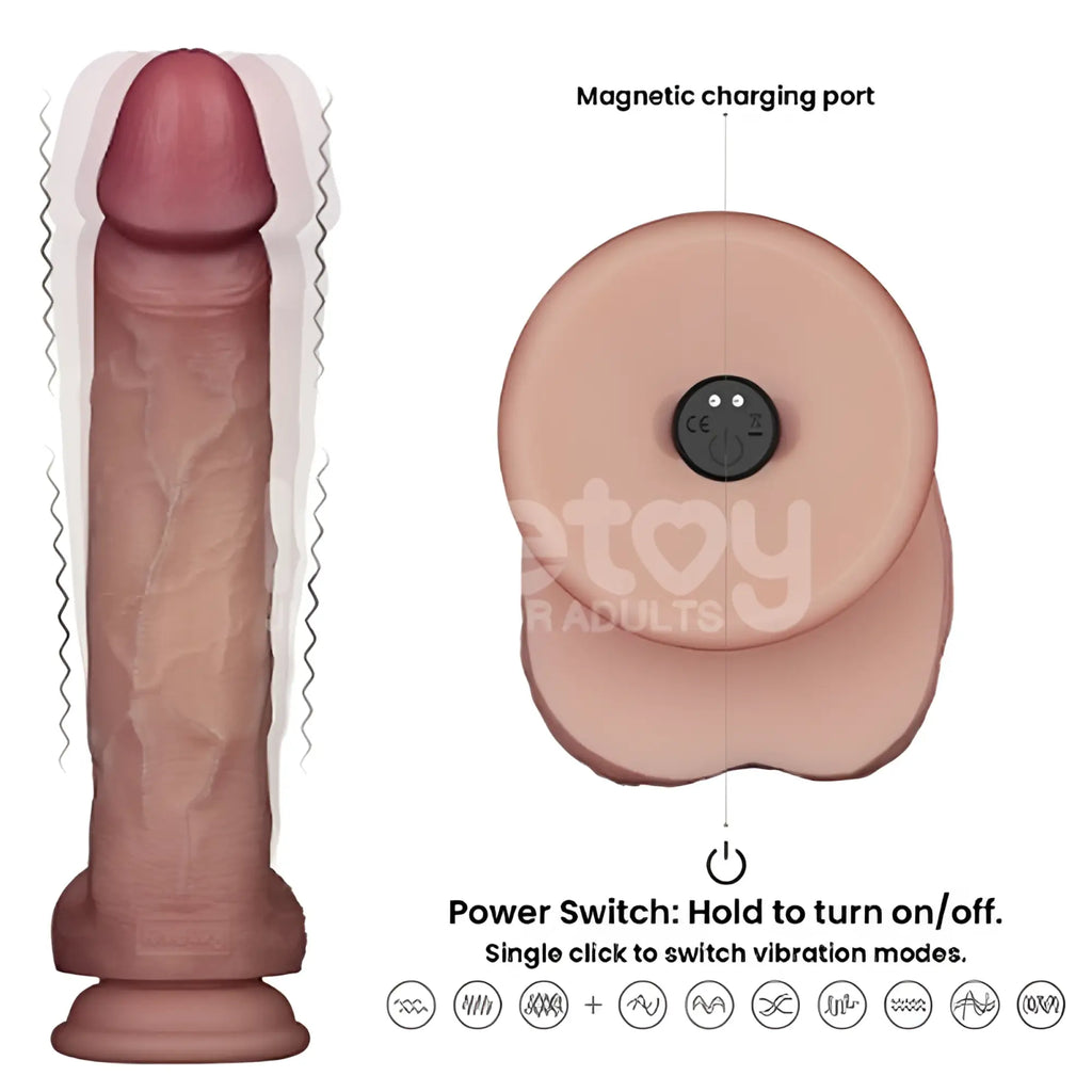 Beige silicone lovetoy vibrating sliding skin pro ii dong showing magnetic charging port and power switch on the back side