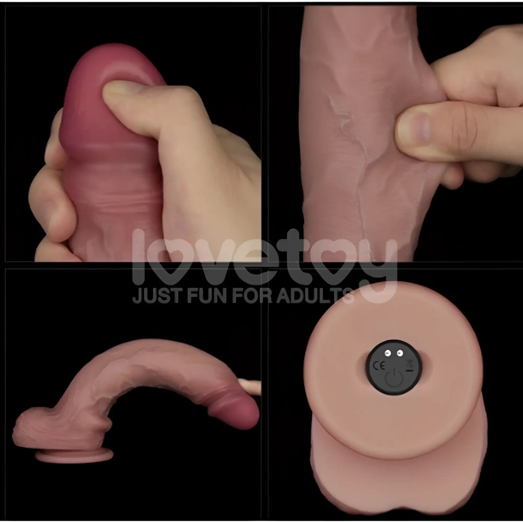 Pink silicone 10in lovetoy vibrating sliding skin pro ii dong with circular base and black control button visible