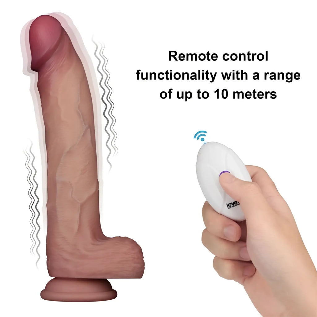 Tan silicone Lovetoy vibrating sliding skin Pro II dong with remote control for adult pleasure use