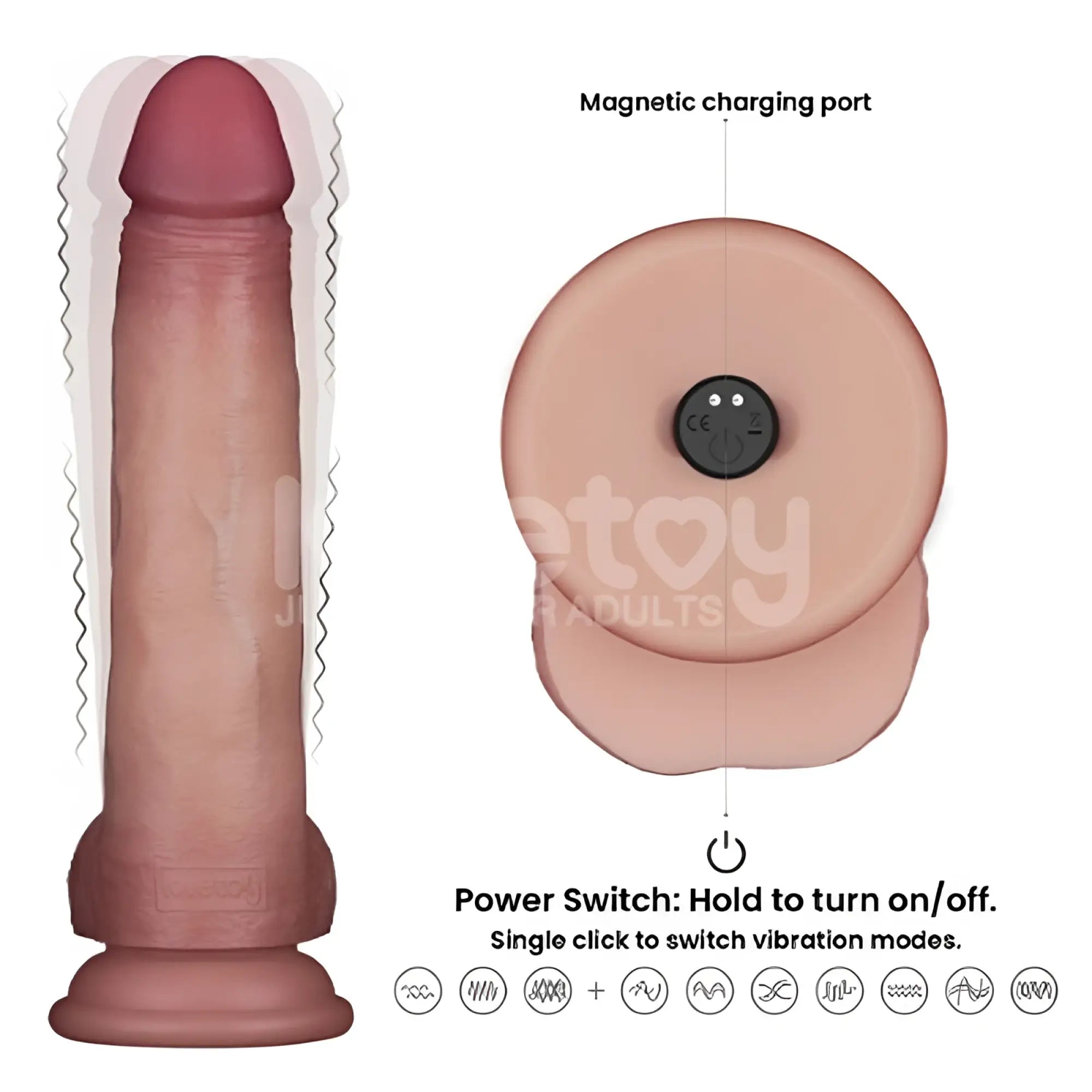 Skin-toned silicone lovetoy vibrating sliding skin pro II dong featuring magnetic charging port and power switch backside view
