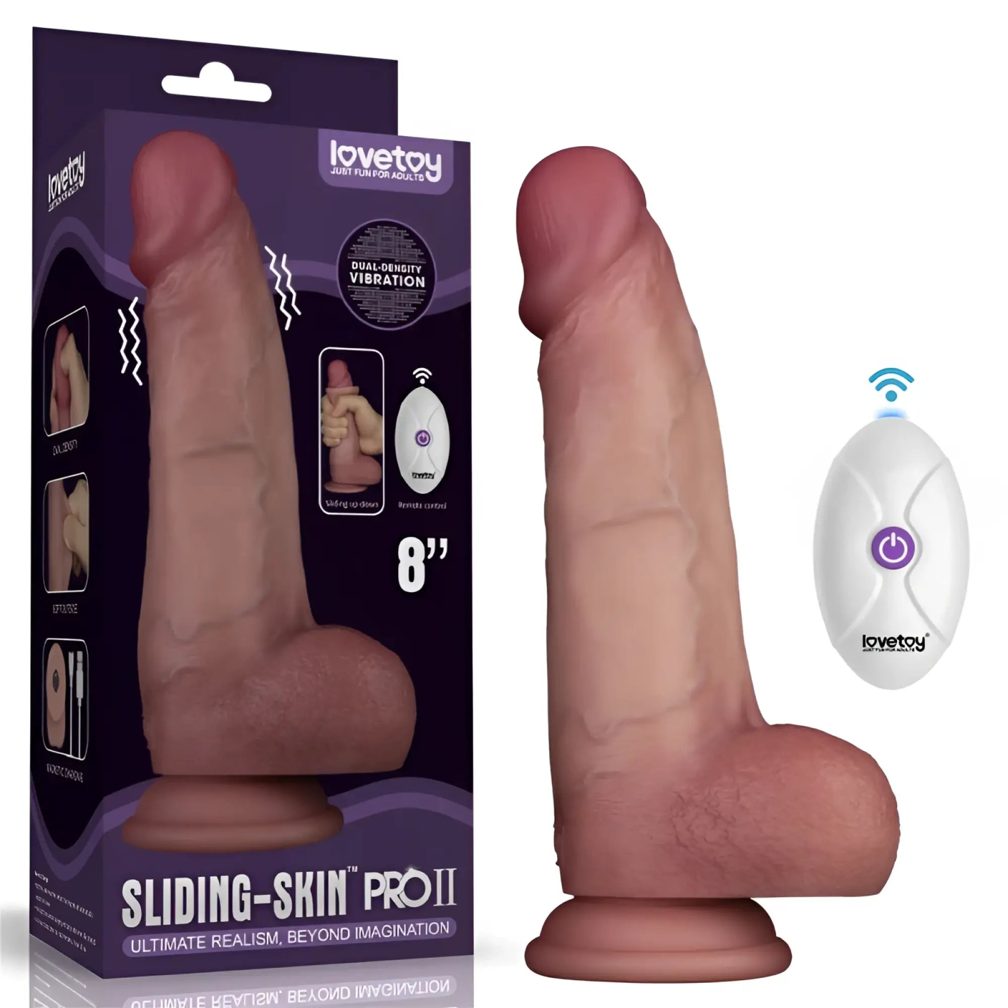 The lovetoy vibrating sliding skin pro ii is an 8-inch flesh-toned silicone dong with dual-density vibration and realistic texture