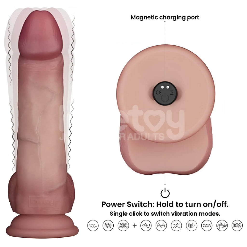 Pink silicone lovetoy vibrating sliding skin pro ii dong with magnetic charging port and power switch visible