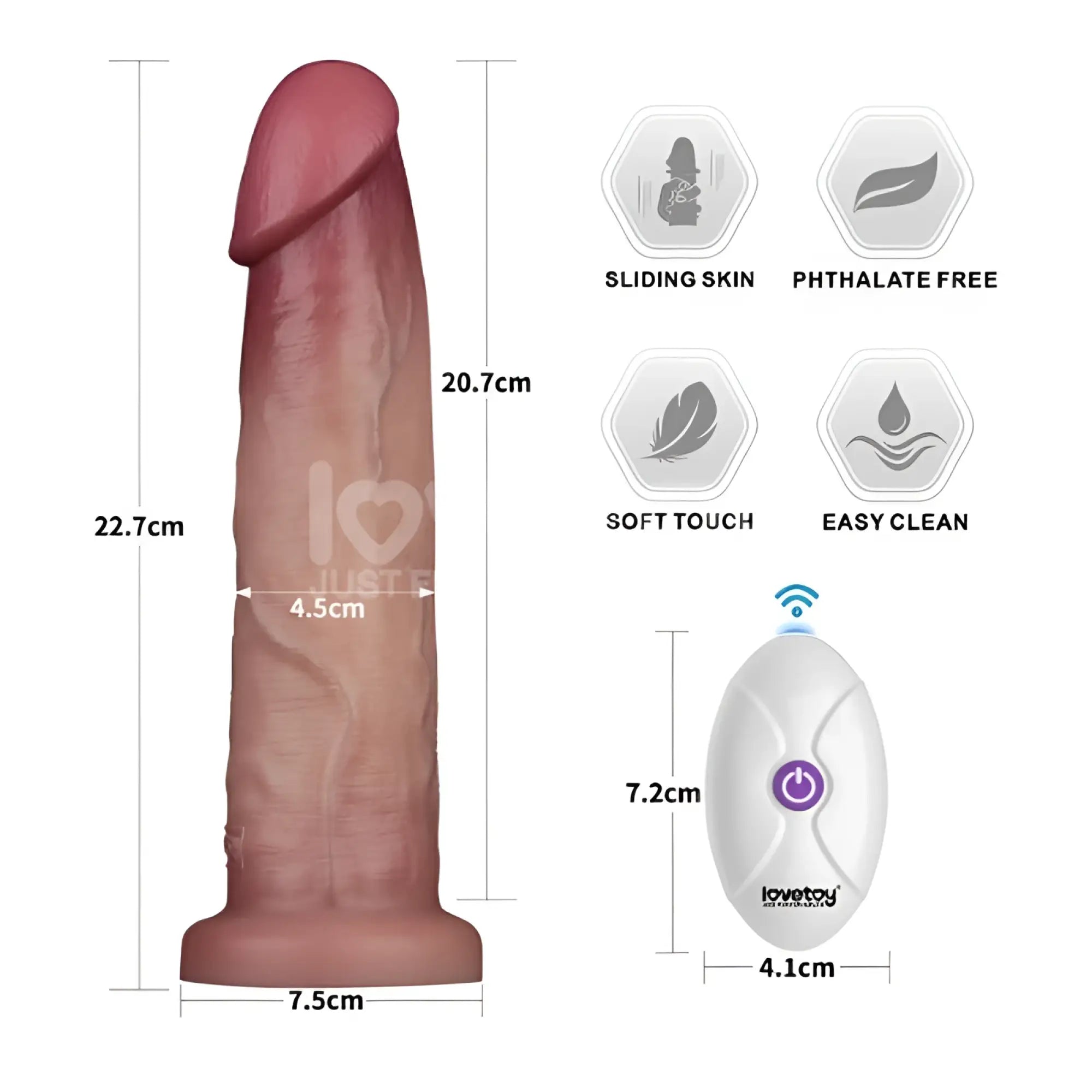 A 20.7cm flesh-toned silicone dildo with sliding skin feature and white lovetoy remote control