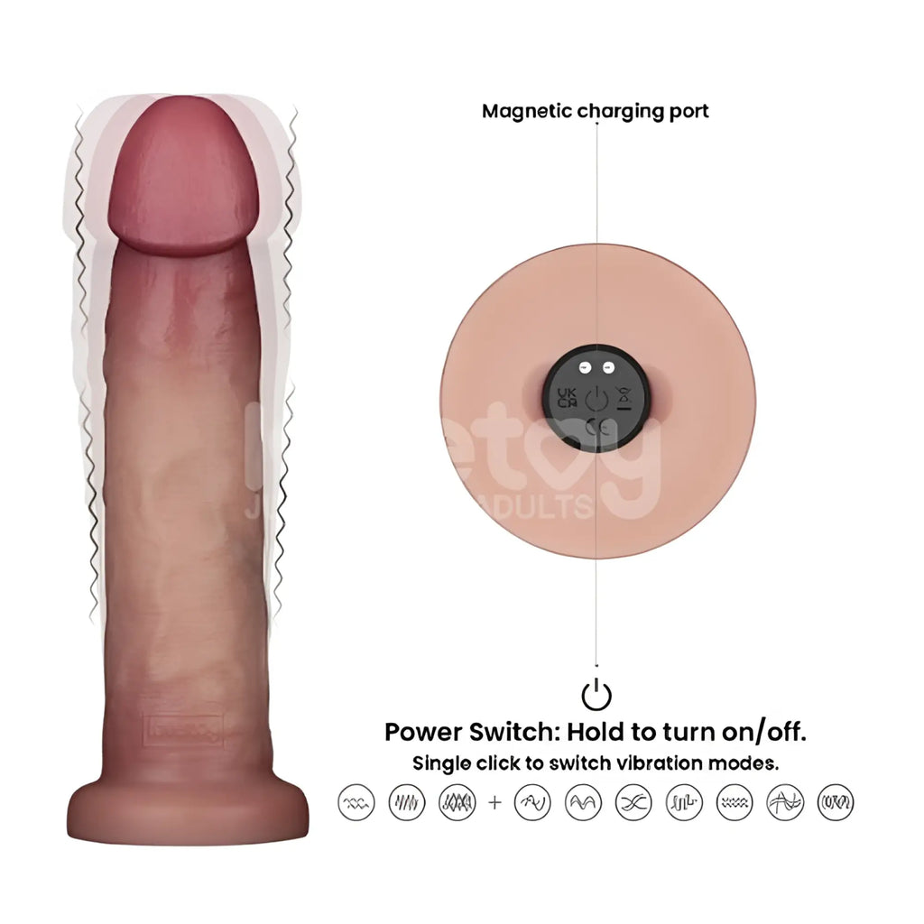 Tan silicone lovetoy vibrating sliding skin pro ii dong showing magnetic charging port and power switch on back side