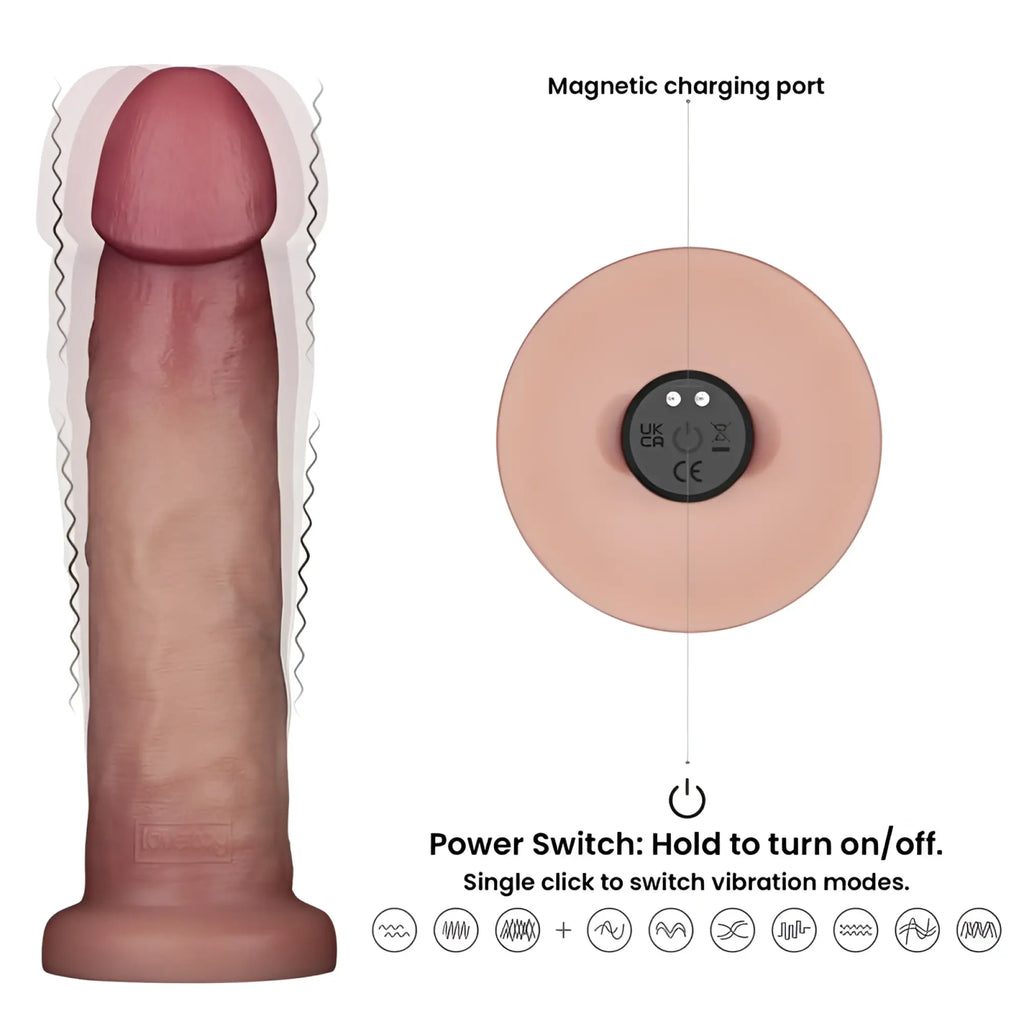 Skin-toned lovetoy vibrating sliding skin pro ii silicone dong 9in showing magnetic charging port and power switch