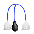 LuvPump auto breast pump set with black silicone suction cup, two clear glass cups, and blue flexible tubes