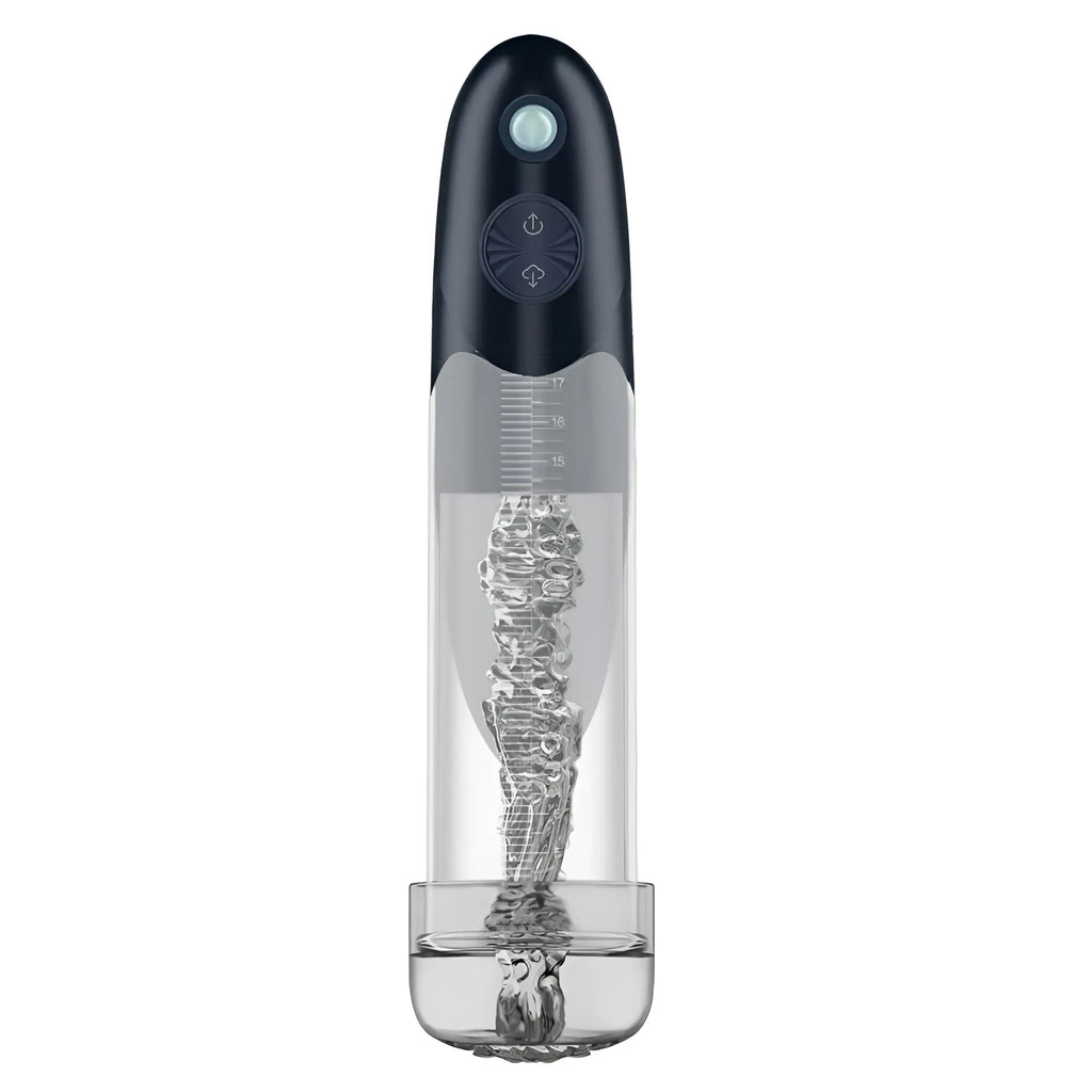 LuvPump bathfun automatic USB waterproof penis pump with black transparent body and clear measured cylinder