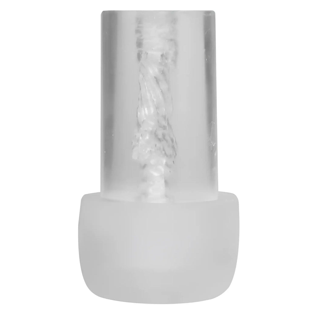 Clear cylindrical container with frosted base holding a coiled transparent filament for luvpump magic sleeve pussy large l