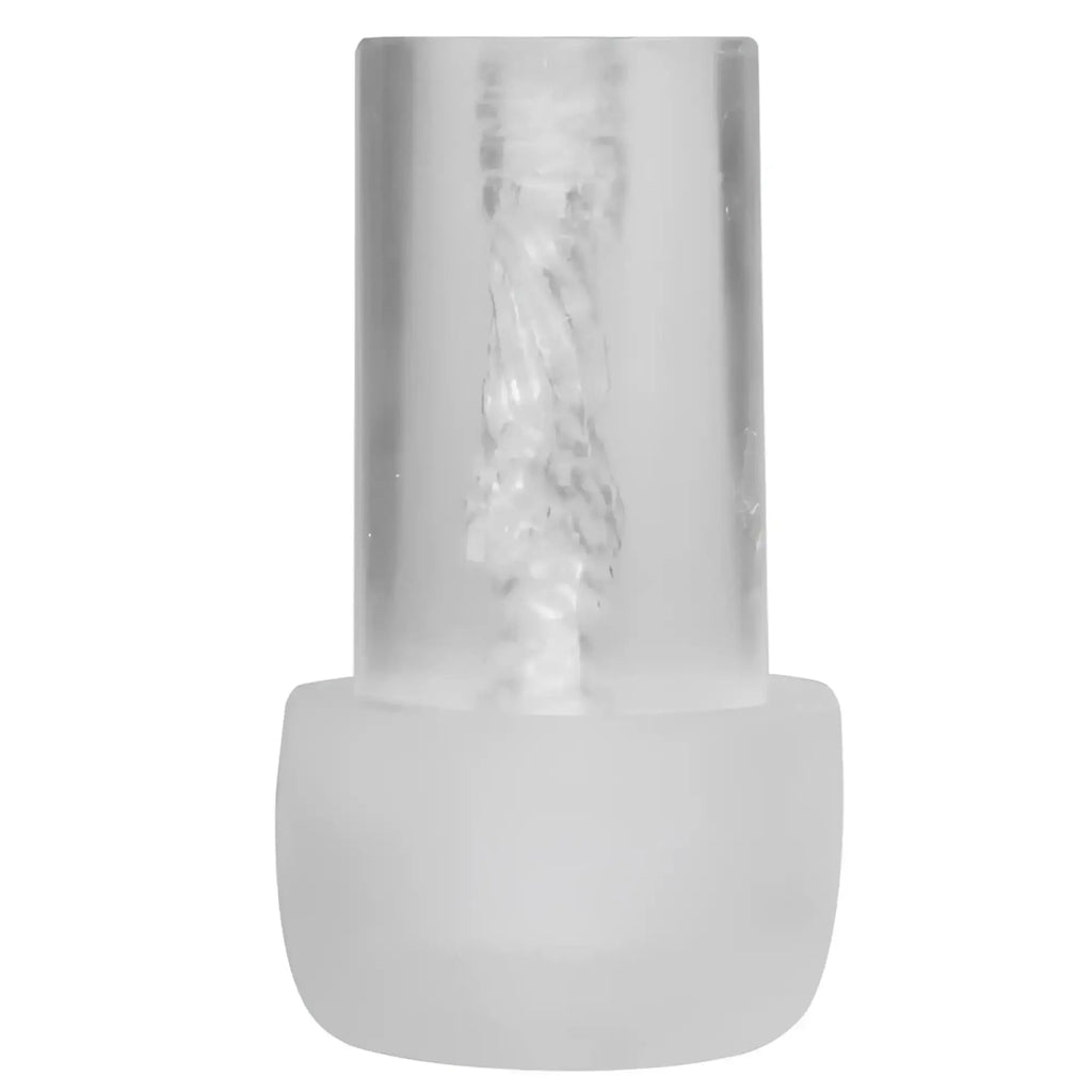 Clear cylindrical container with frosted base holding a coiled transparent filament for luvpump magic sleeve pussy large l