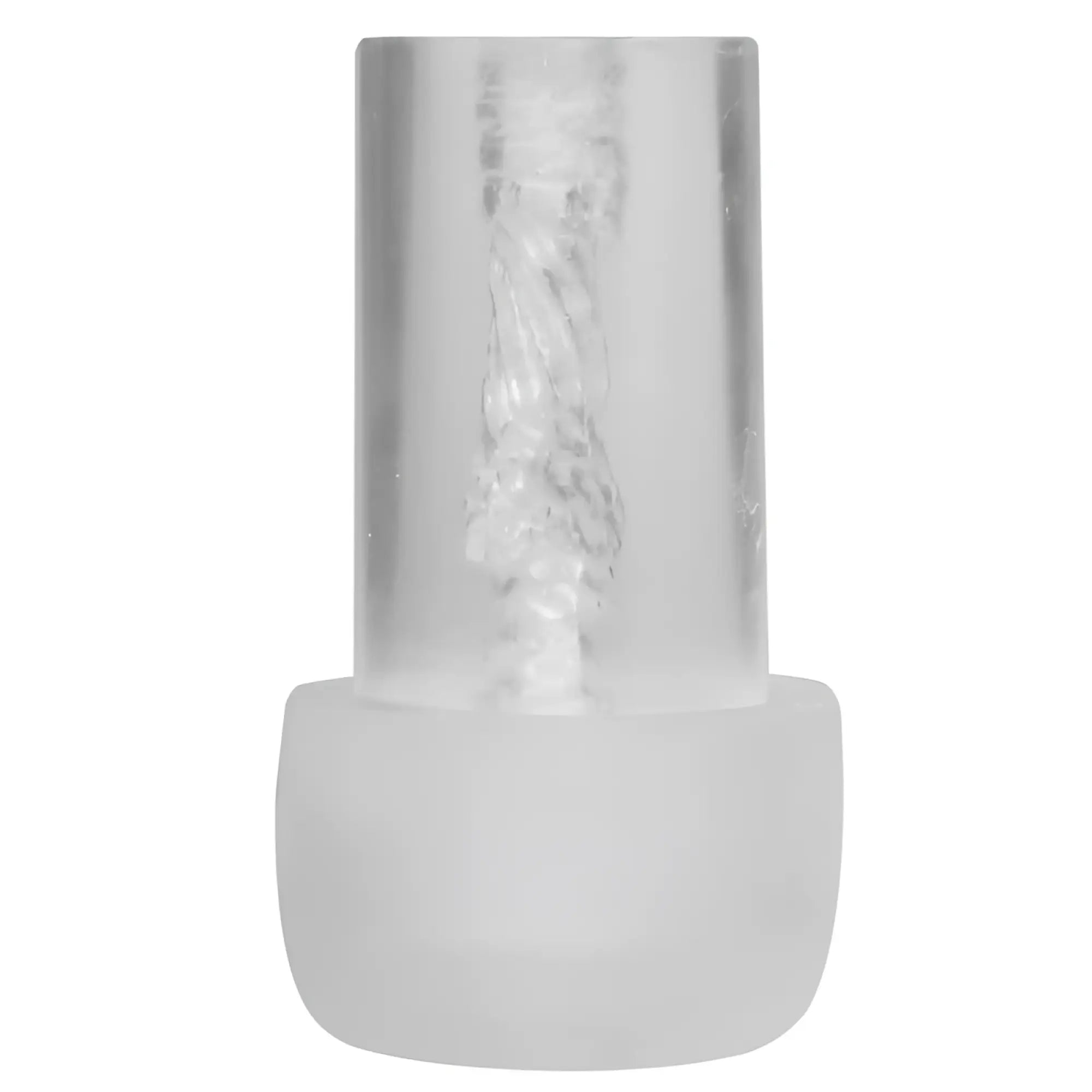 Clear cylindrical container with frosted white base holding coiled transparent filament for luvpump magic sleeve pussy medium m