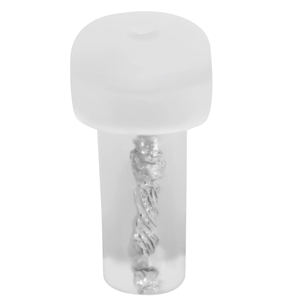 Transparent acrylic bottle stopper with frosted white rounded top and silver twisted metal spiral inside for luvpump magic sleeve pussy small s