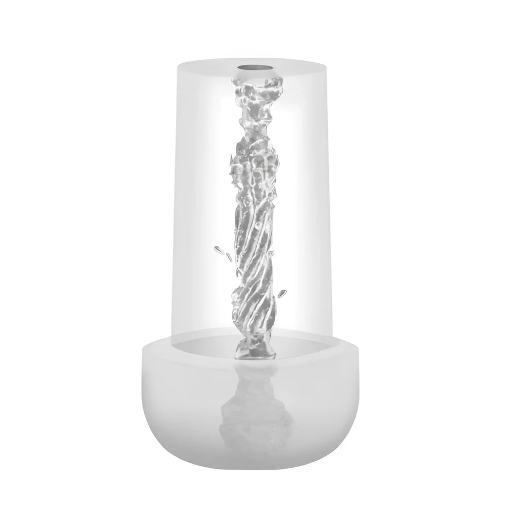 Transparent cylindrical water fountain with a swirling silver metallic stream for luvpump magic sleeve pussy small s