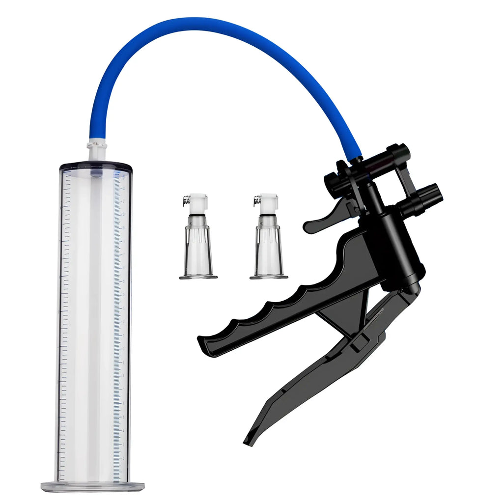 Black plastic suction pump with blue flexible tube and clear graduated cylinder for luvpump optimax kit for couples