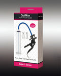 Optimax super 8 series power pump with clear cylindrical chamber black handle and blue tubing in luvpump kit for couples