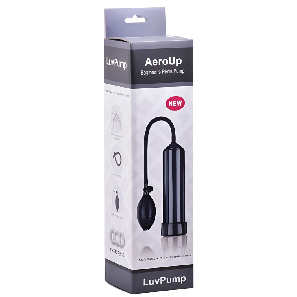 LuvPump penis pump AeroUp black with curved tube and bulbous pump head designed for beginner use