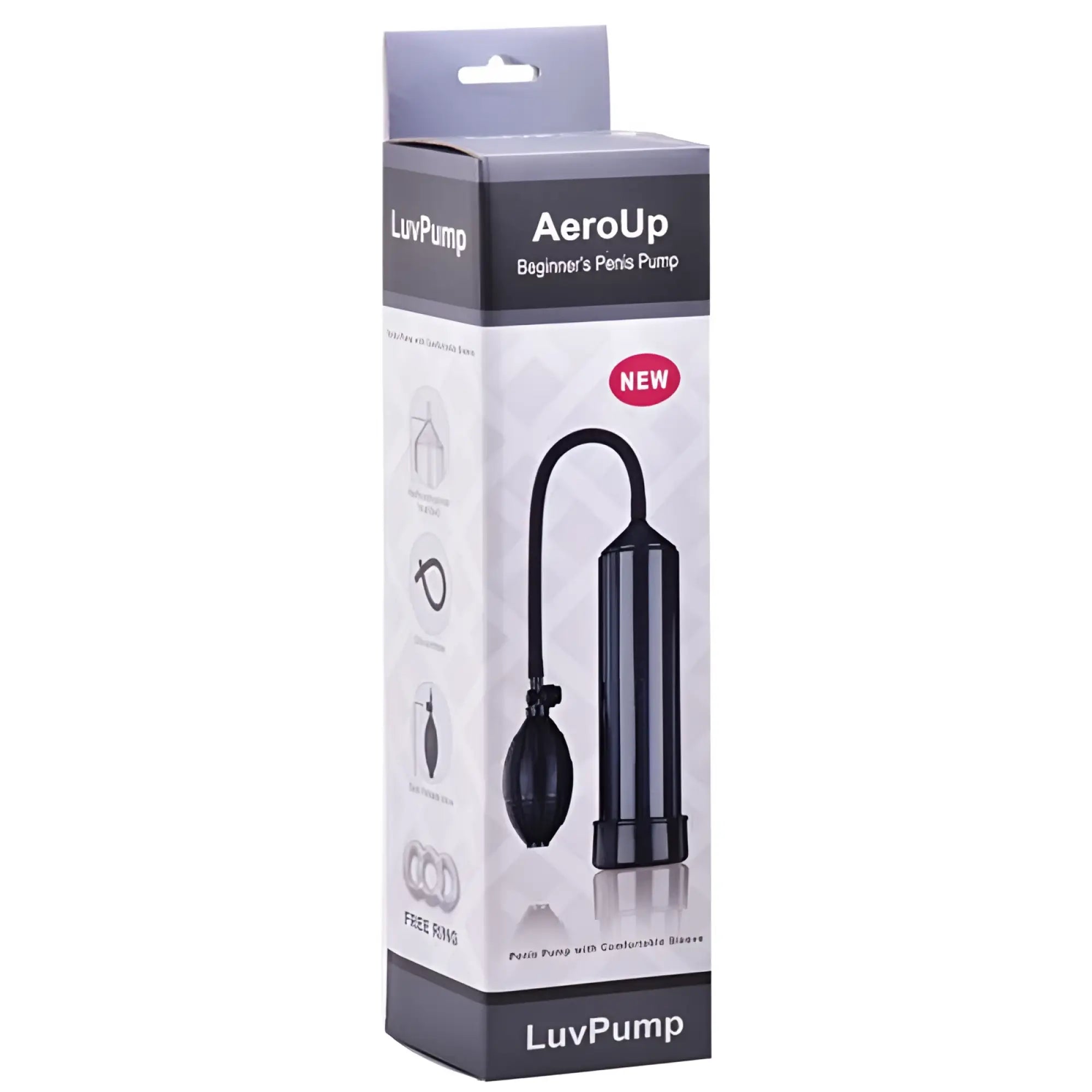 LuvPump penis pump AeroUp black with curved tube and bulbous pump head designed for beginner use
