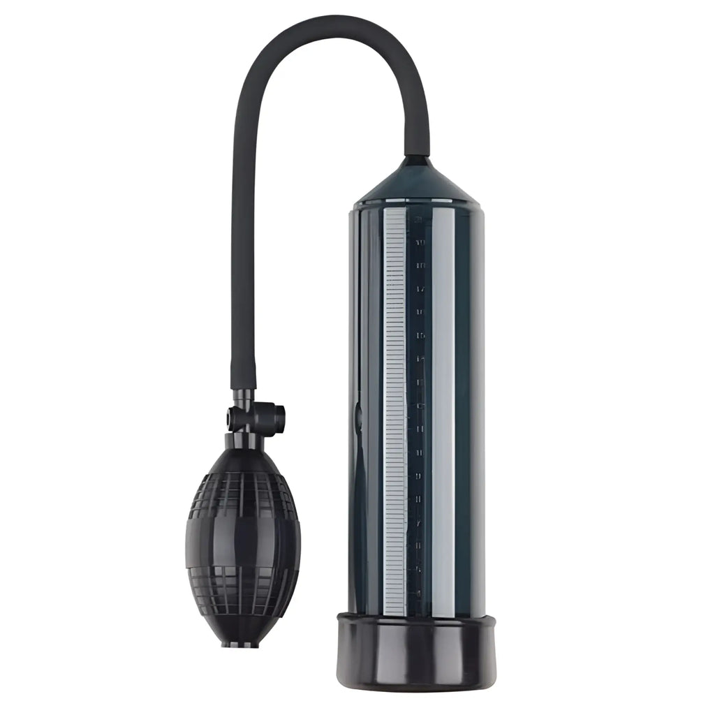 Black plastic luvpump penis pump aeroup with curved hose and textured bulb for vacuum pumping