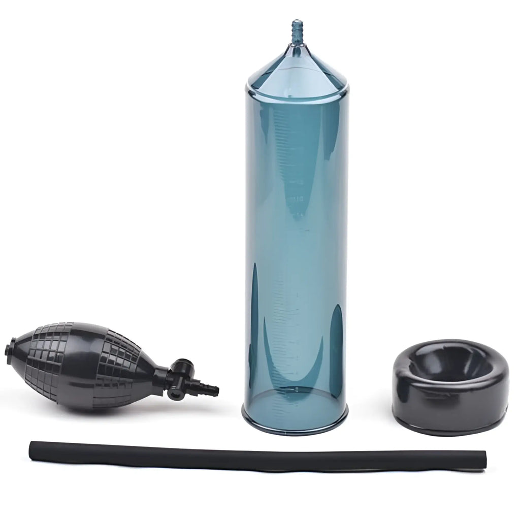 Luvpump penis pump aeroup black with teal translucent glass cylinder black rubber bulb and base with measurement markings