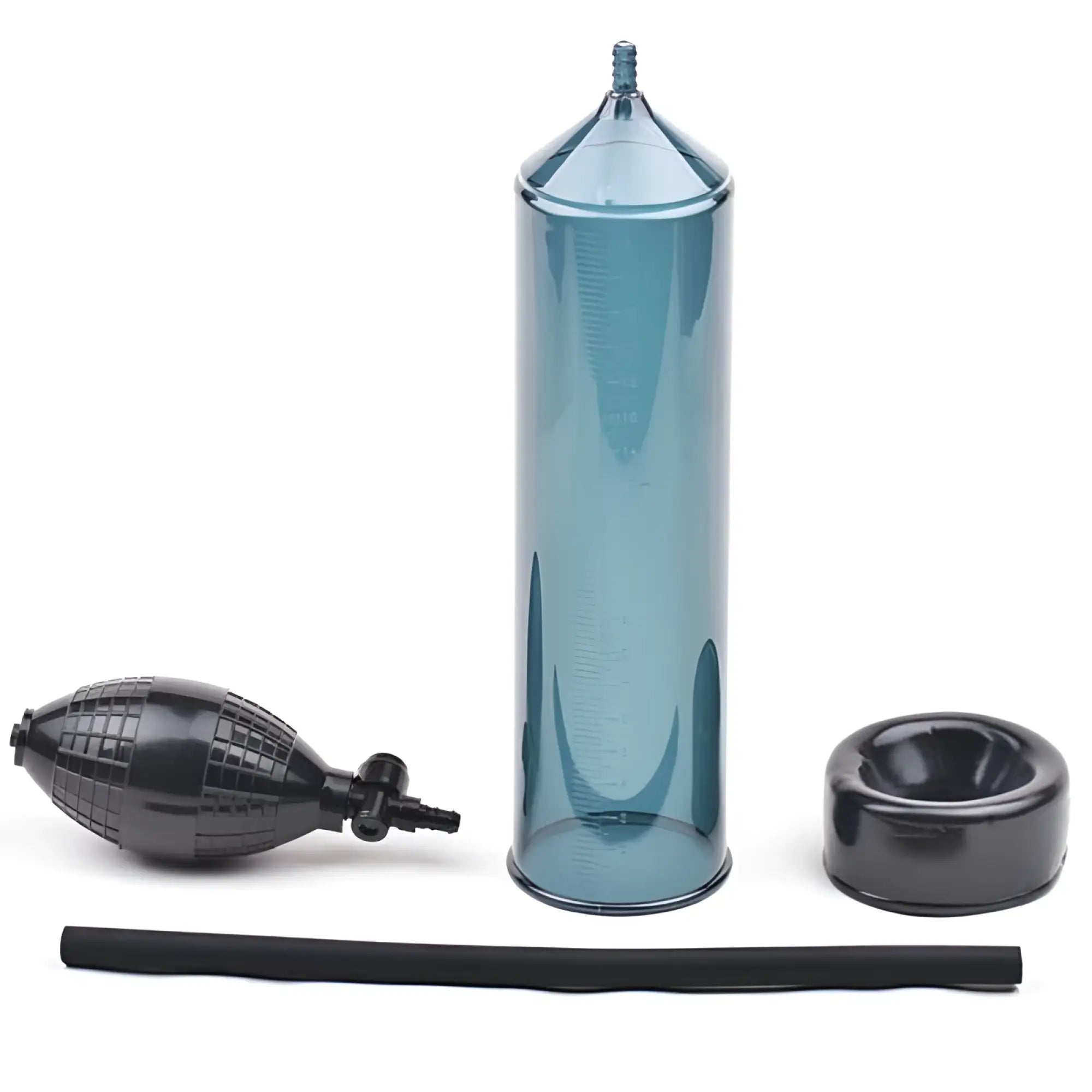 Luvpump penis pump aeroup black with teal translucent glass cylinder black rubber bulb and base with measurement markings