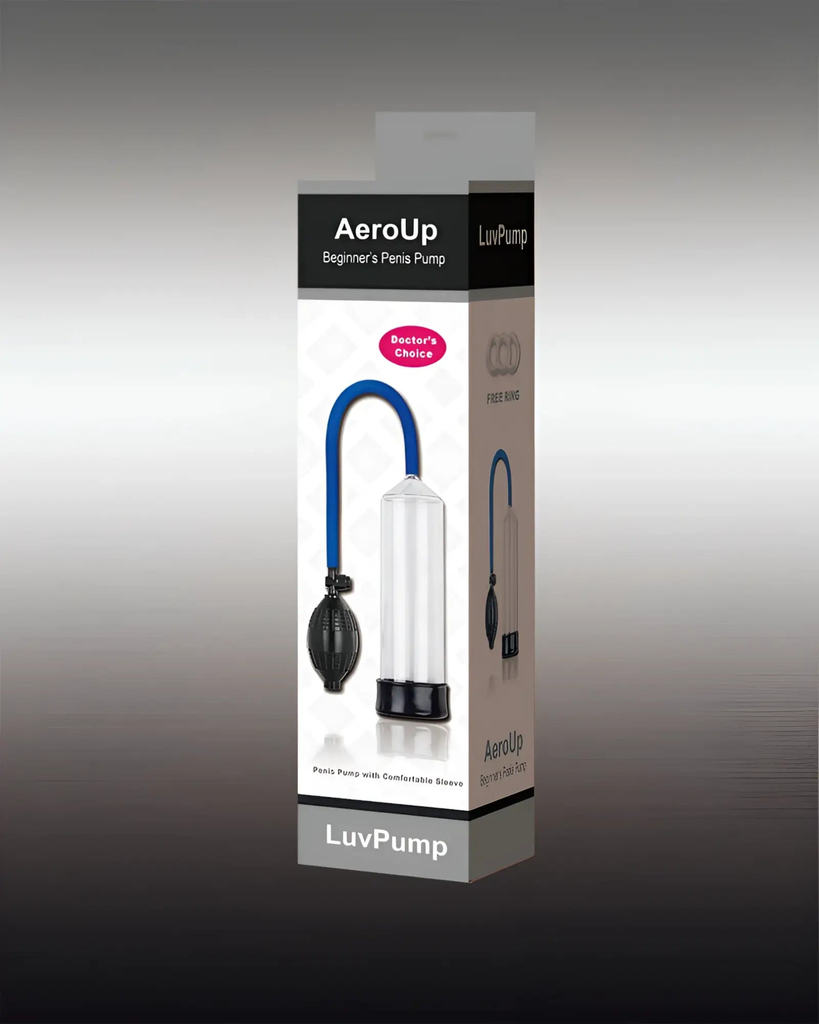 LuvPump penis pump hand ball aeroUp clear with transparent chamber blue flexible tube and black bulb for beginners