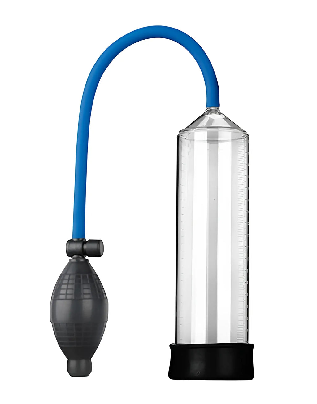 LuvPump penis pump hand ball aeroup clear with a clear glass cylinder black base and blue flexible tube attached to a black bulb