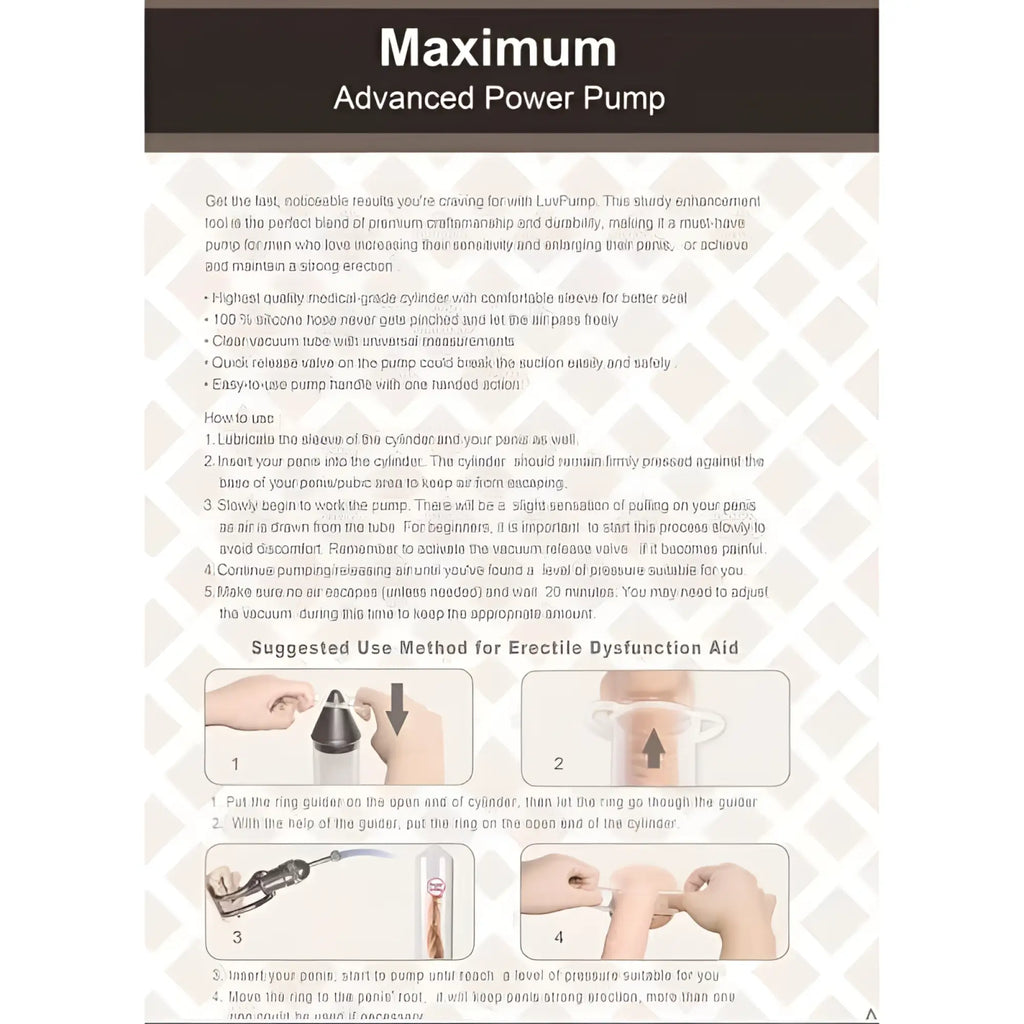 LuvPump penis pump maximum ed aid medical-grade silicone cylinder with clear vacuum tube and quick-release valve