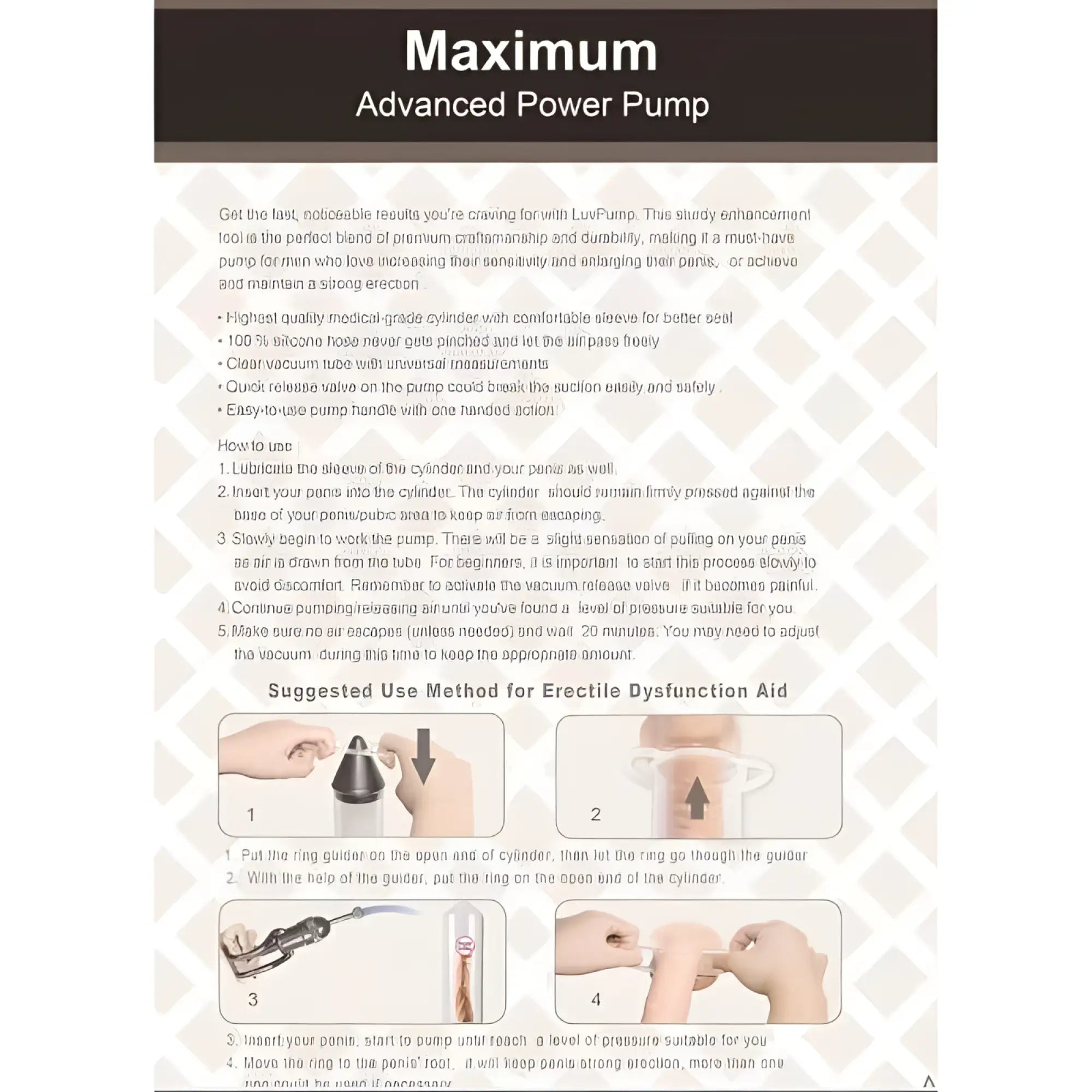 LuvPump penis pump maximum ed aid medical-grade silicone cylinder with clear vacuum tube and quick-release valve