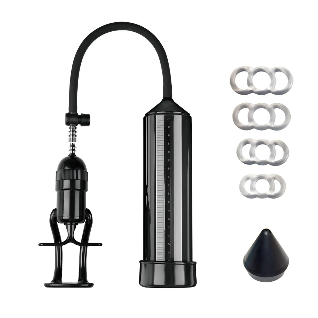 Black LuvPump penis pump with curved hose, metallic measurement markings, four silver rings, and black conical tip for ED aid